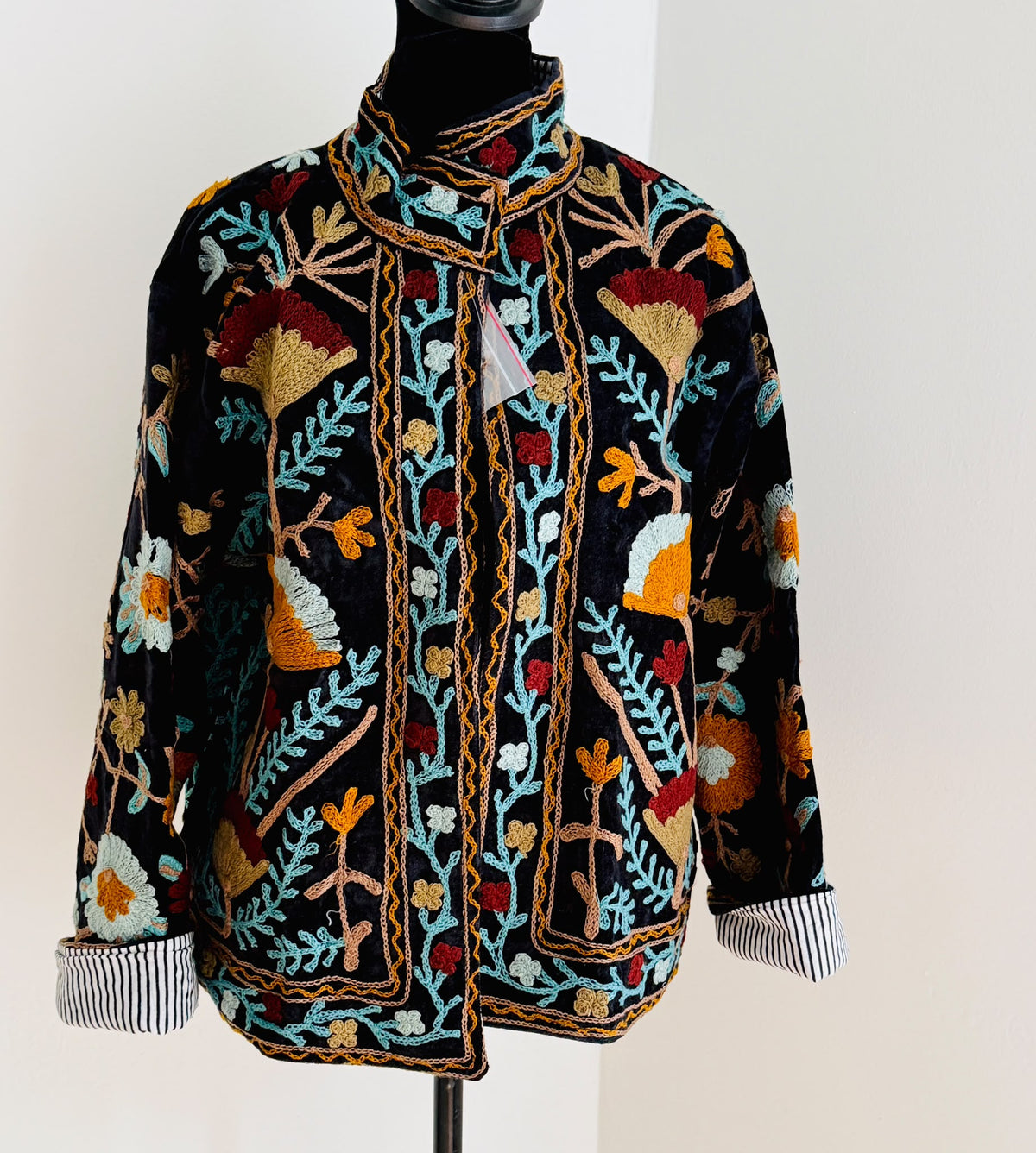 Embroidered Heart Velvet Jacket Royal Blue Short Coat Women Cute Boho Winter Wear Handcrafted Striped Cuff Outerwear Gift For Her