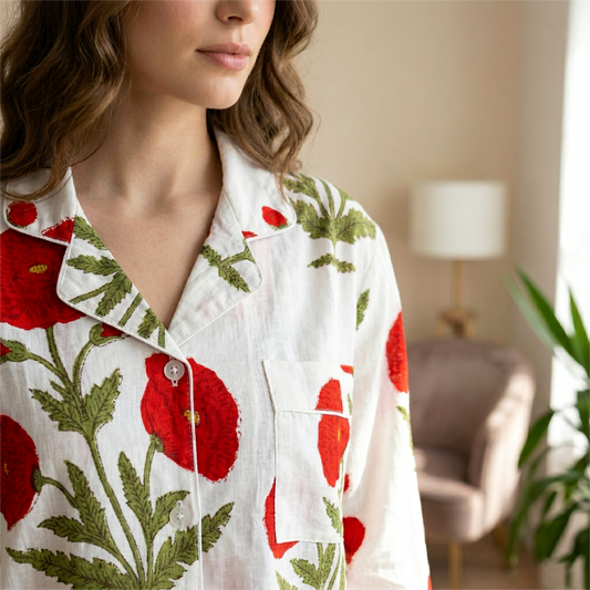 Red Floral Hand Block Print Cotton Pajama Set, Lounge and Sleepwear, Holiday Pajamas Set