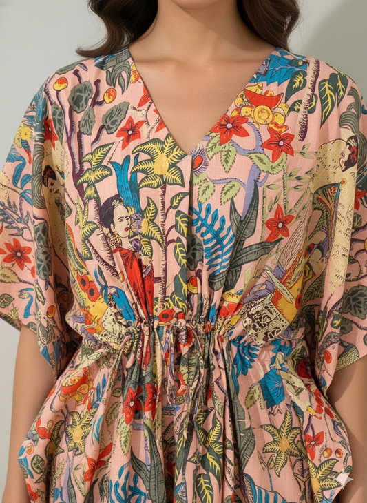Hand Block Print Cotton Kaftan - Beige Frida Kahlo Long Maxi Dress, Soft Loungewear