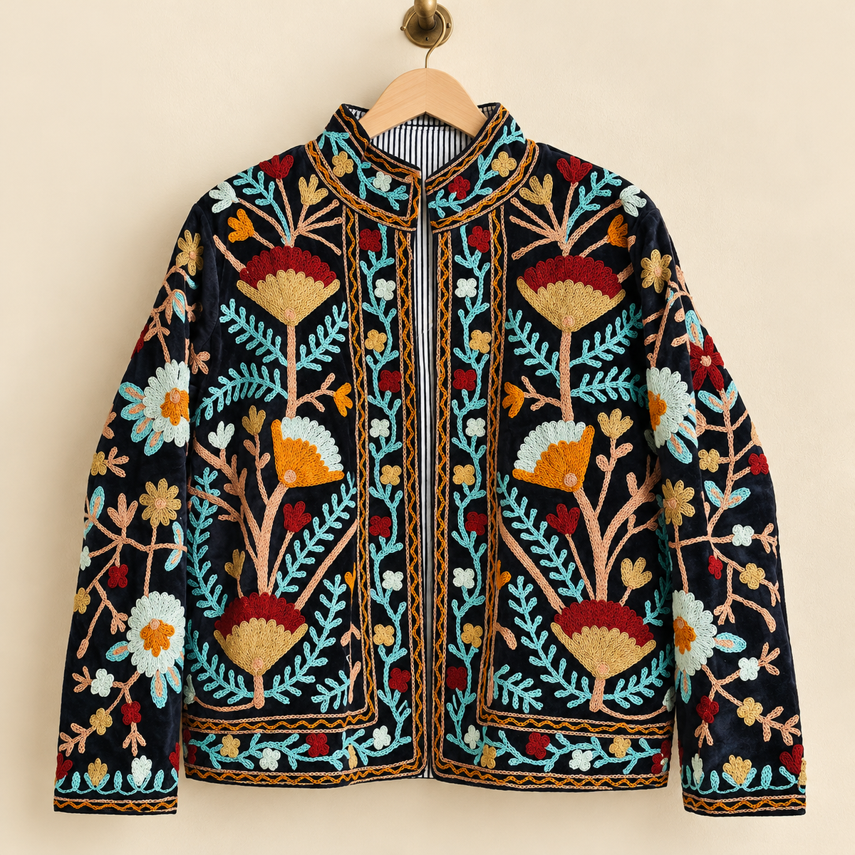 Embroidered Heart Velvet Jacket Royal Blue Short Coat Women Cute Boho Winter Wear Handcrafted Striped Cuff Outerwear Gift For Her