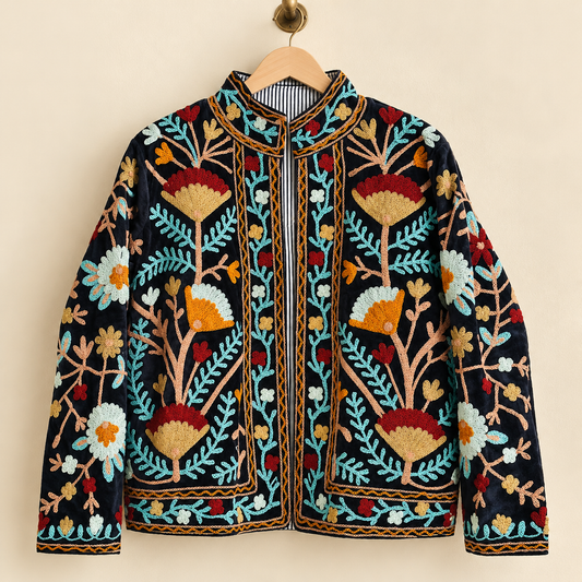 Black Suzani Velvet Jacket Embroidered Floral Short Coat Women Vintage Boho Winter Wear Handcrafted Ethnic Outerwear Gift For Her