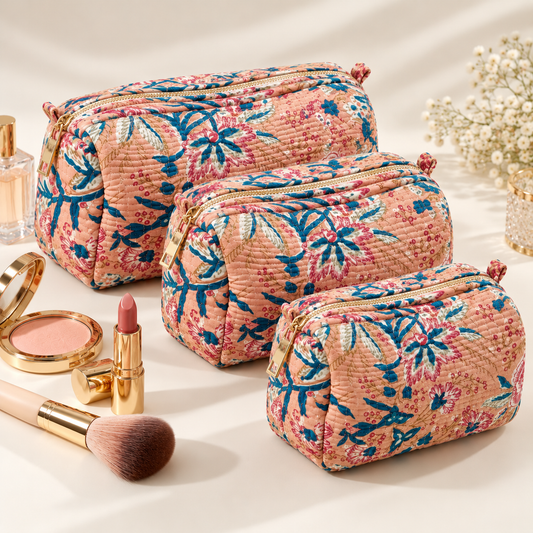 Set Of 3 Makeup Bag, Saffron Flora Block Print Cotton Travel Case, Quilted Cosmetic Storage Bag Set