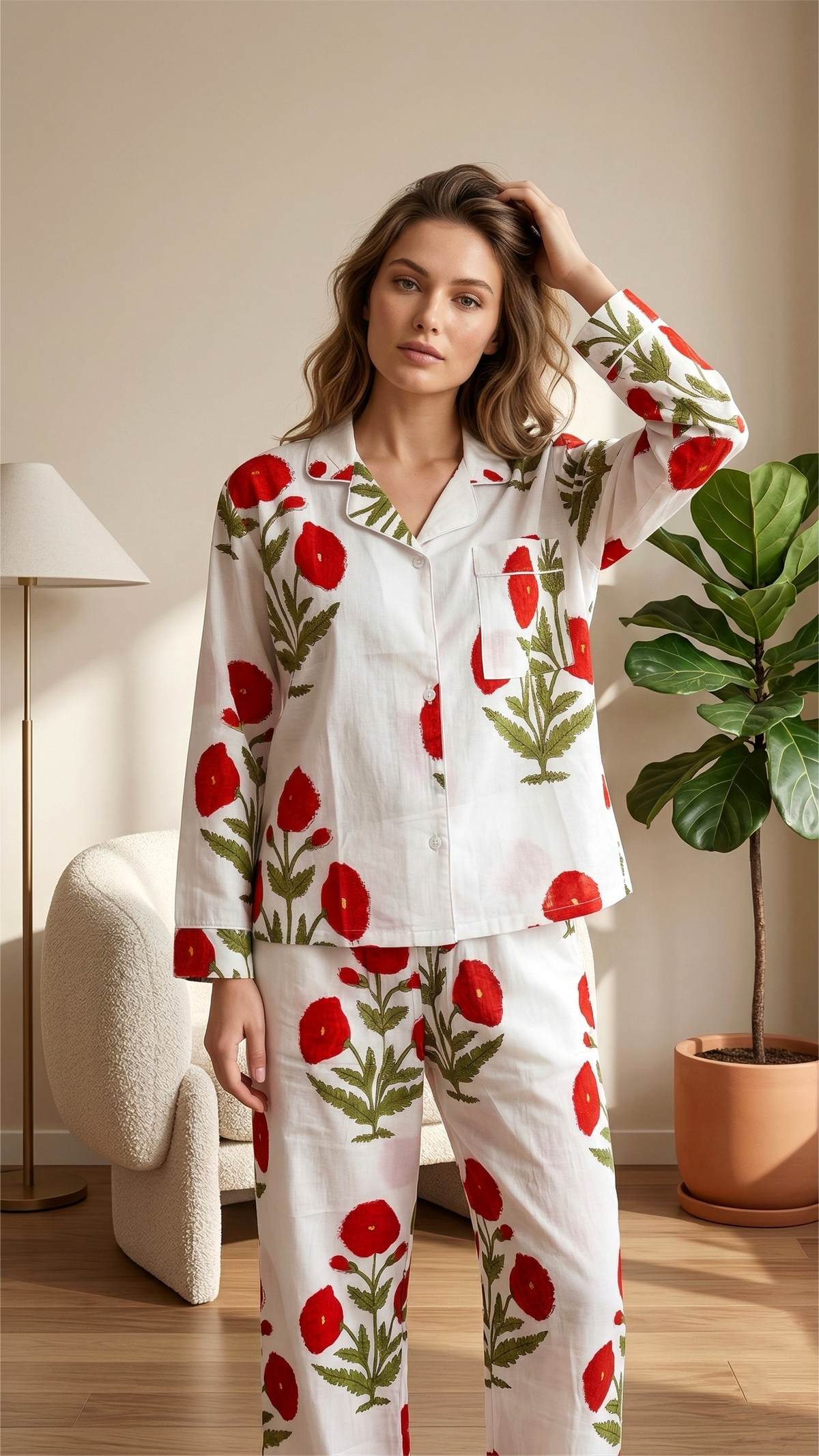 Floral Cotton Pajama Set, Hand Block Print, Ladies Lounge and Sleepwear, Valentines Gift for Her, Winter Style Pajamas, Holiday Pajamas Set