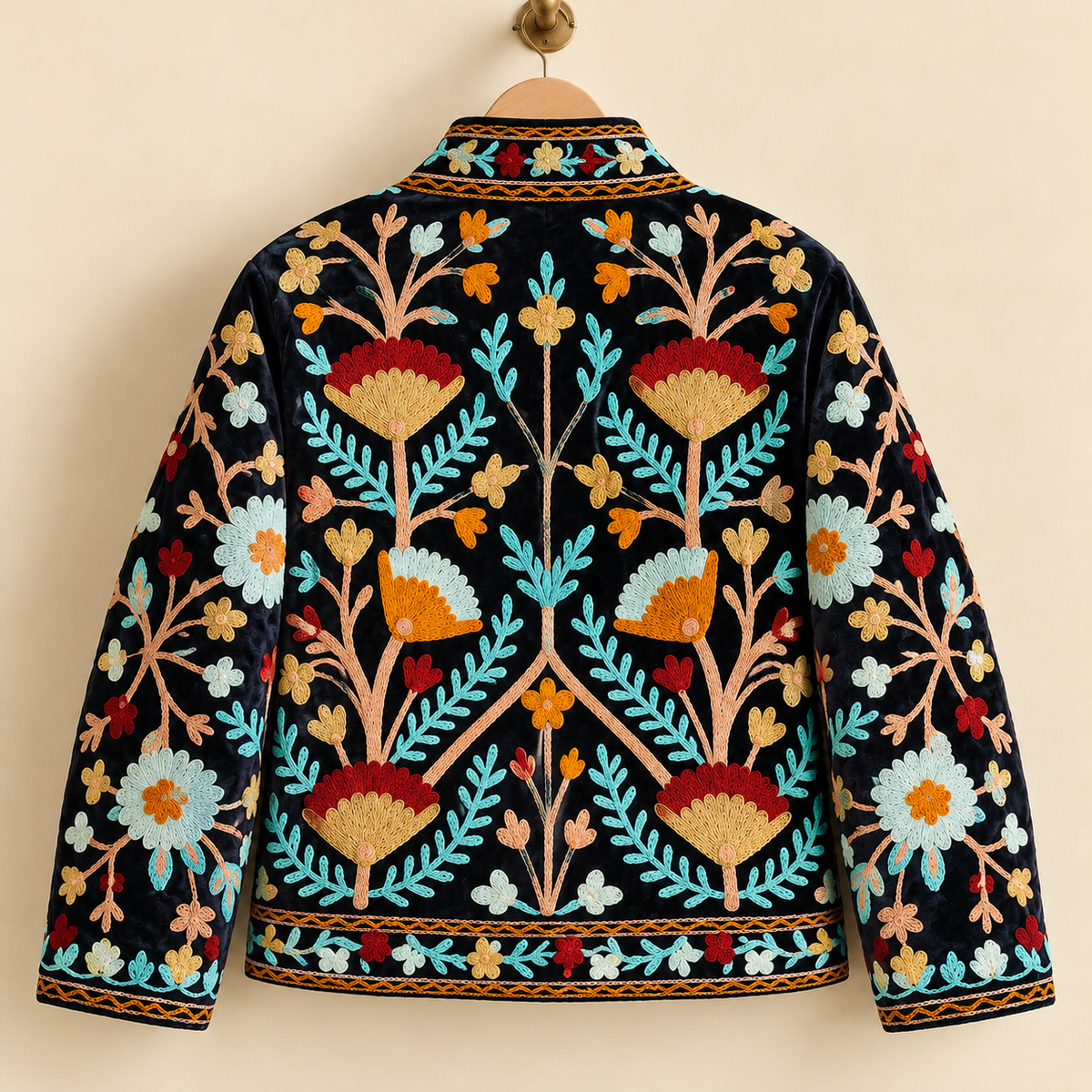 Embroidered Heart Velvet Jacket Royal Blue Short Coat Women Cute Boho Winter Wear Handcrafted Striped Cuff Outerwear Gift For Her