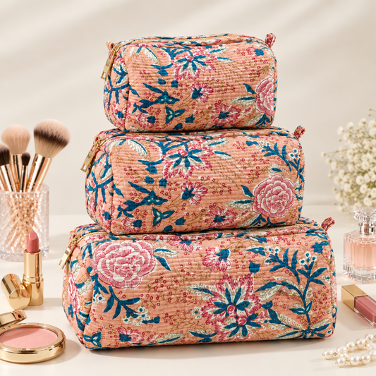 Set Of 3 Makeup Bag, Saffron Flora Block Print Cotton Travel Case, Quilted Cosmetic Storage Bag Set