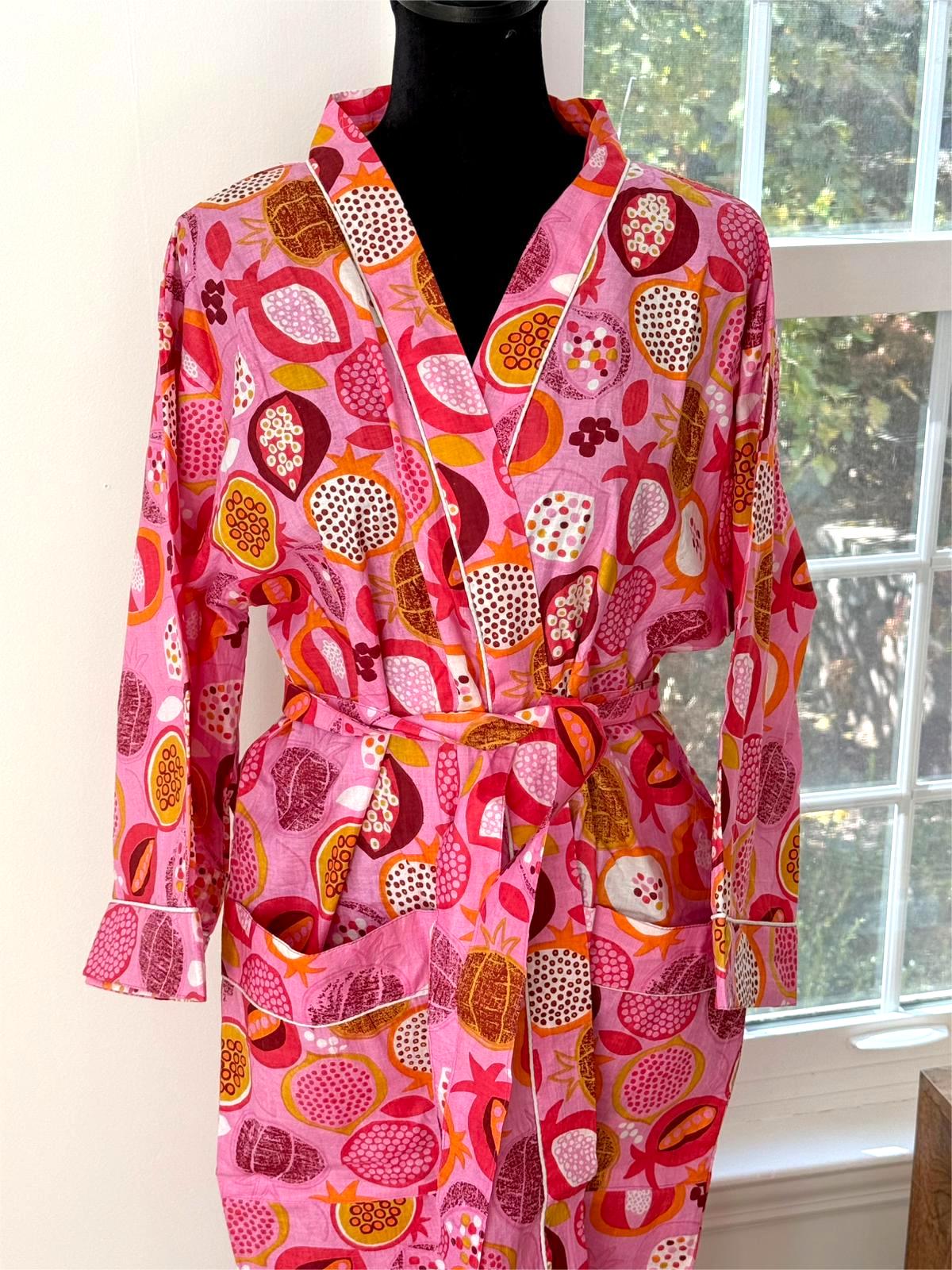 Hot Pink Block Printed Cotton Kimono | Pomegranate Fruit Motif Lounge Robe & Sleepwear
