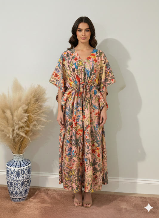 Hand Block Print Cotton Kaftan - Beige Frida Kahlo Long Maxi Dress, Soft Loungewear