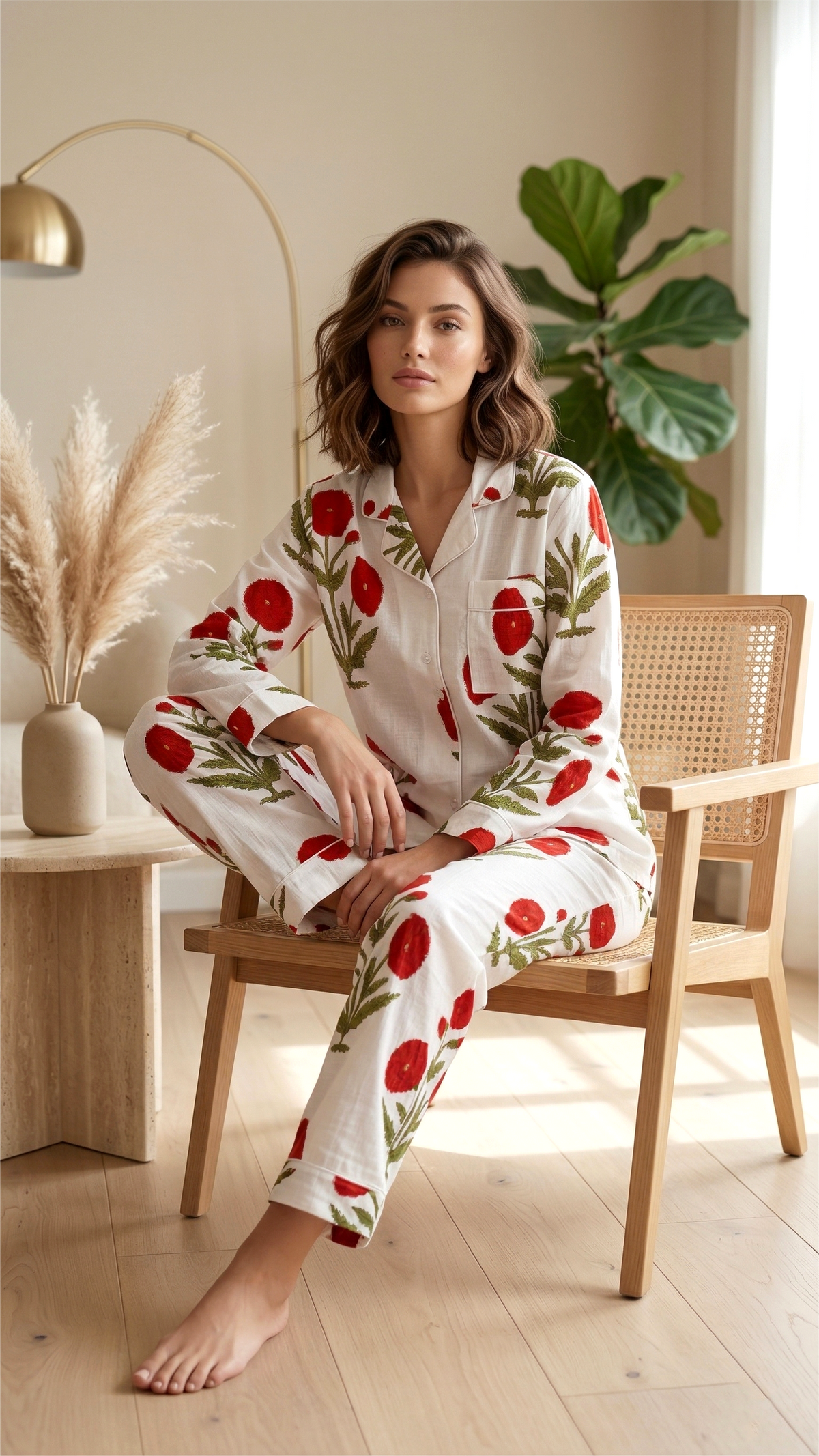 Yellow Floral Hand Block Print Cotton Pajama Set, Lounge and Sleepwear, Holiday Pajamas Set