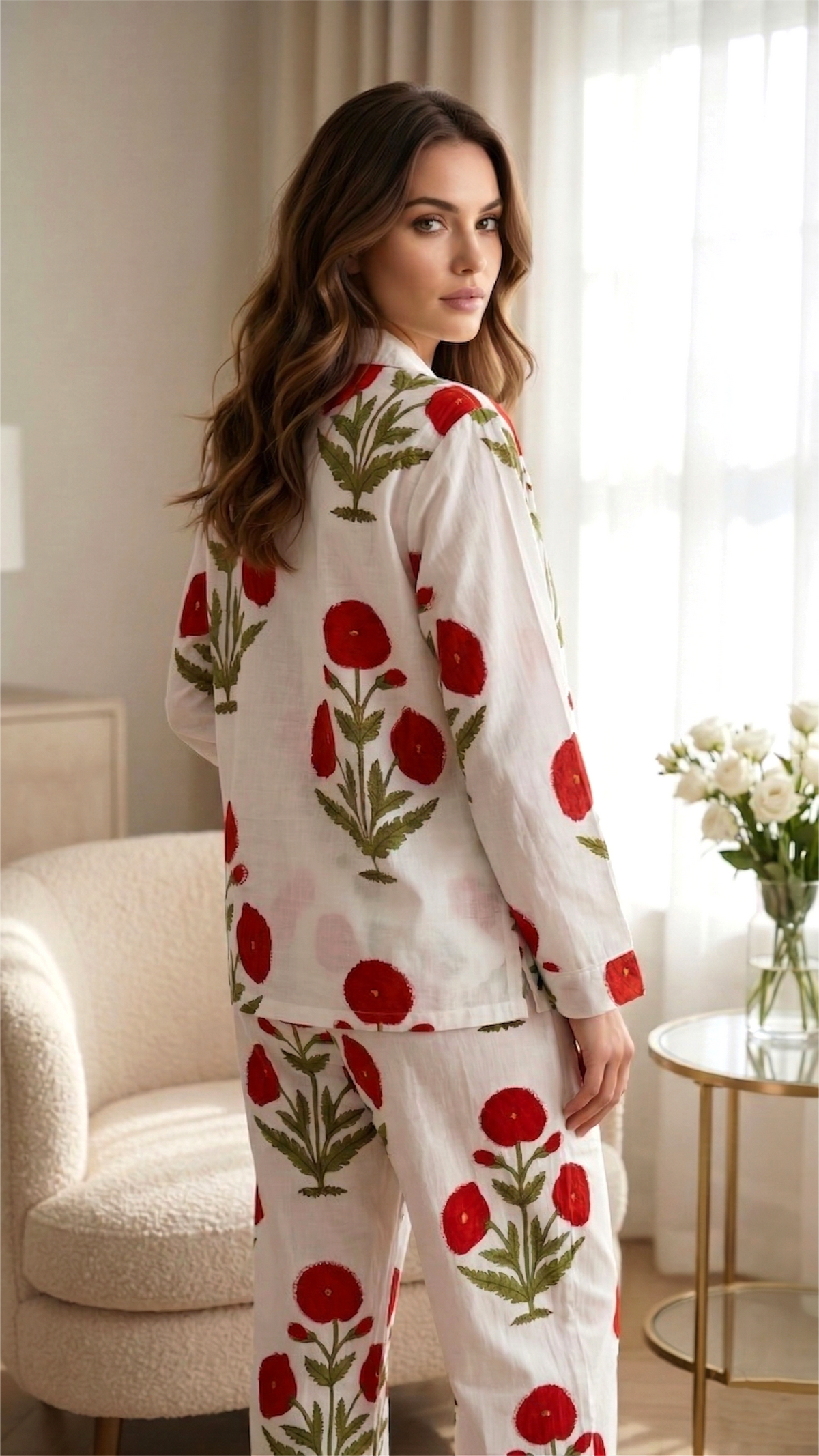 Floral Cotton Pajama Set, Hand Block Print, Ladies Lounge and Sleepwear, Valentines Gift for Her, Winter Style Pajamas, Holiday Pajamas Set