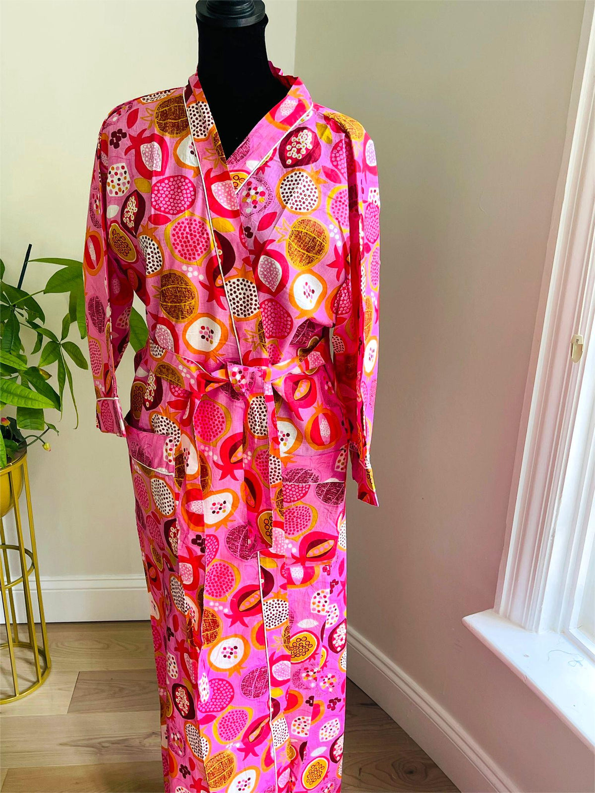 Hot Pink Block Printed Cotton Kimono | Pomegranate Fruit Motif Lounge Robe & Sleepwear