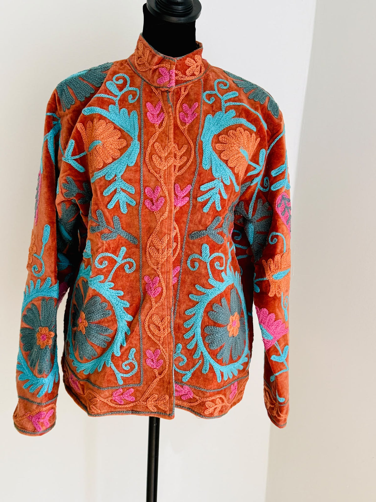 Embroidered Heart Velvet Jacket Royal Blue Short Coat Women Cute Boho Winter Wear Handcrafted Striped Cuff Outerwear Gift For Her