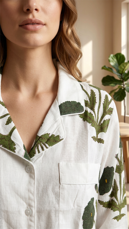 Green Floral Hand Block Print Cotton Pajama Set, Lounge and Sleepwear, Holiday Pajamas Set