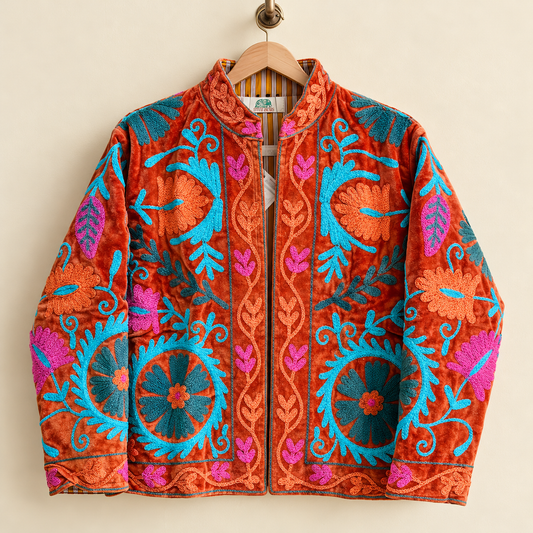 Rust Orange Velvet Suzani Jacket Embroidered Boho Coat Women Vintage Style Floral Short Outerwear Handcrafted Light Winter Wear