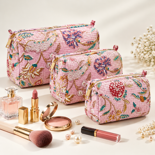 Set Of 3 Makeup Bag, Banjara Blossom Block Print Cotton Travel Case, Quilted Cosmetic Storage Bag Set
