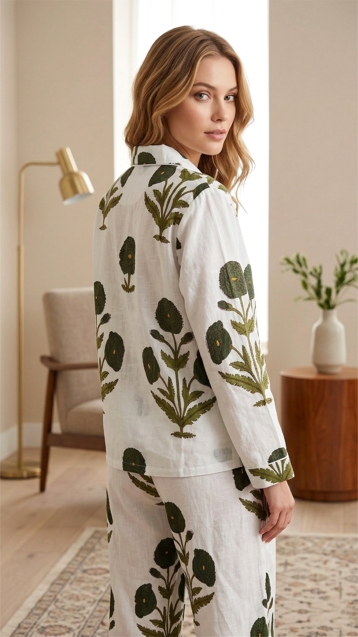Green Floral Cotton Pajama Set Hand Block Print Ladies Lounge and Sleepwear