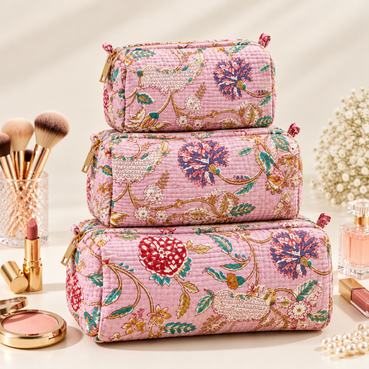 Set Of 3 Makeup Bag, Banjara Blossom Block Print Cotton Travel Case, Quilted Cosmetic Storage Bag Set