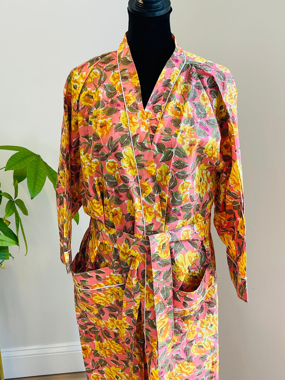 Handcrafted Block Print Cotton Kimono Robe | Coral Pink & Golden Yellow Sunburst Floral Lounge Robe | Spa & Sleepwear