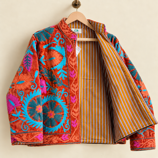 Rust Orange Velvet Suzani Jacket Embroidered Boho Coat Women Vintage Style Floral Short Outerwear Handcrafted Light Winter Wear