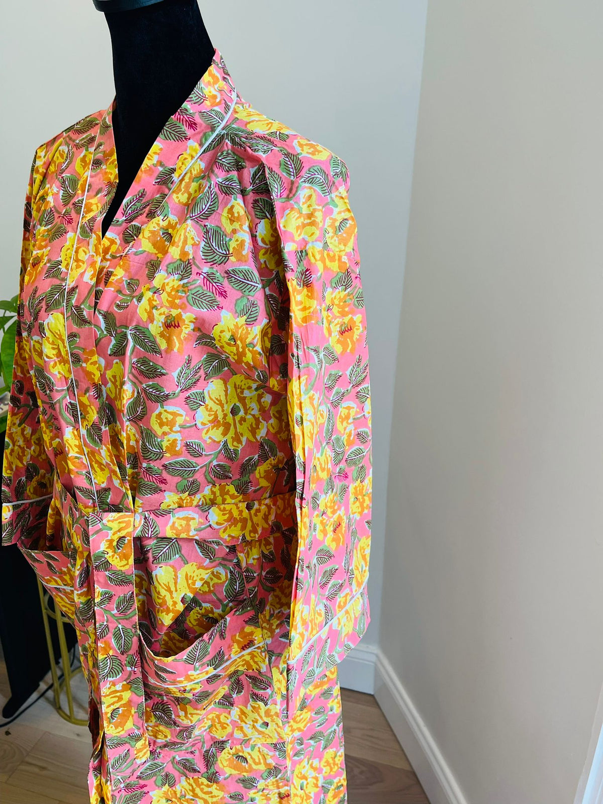 Handcrafted Block Print Cotton Kimono Robe | Coral Pink & Golden Yellow Sunburst Floral Lounge Robe | Spa & Sleepwear