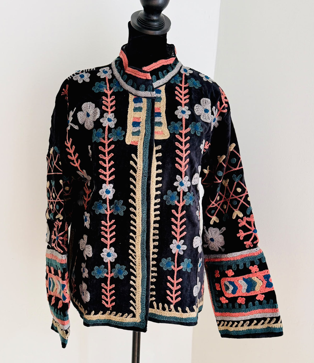 Embroidered Heart Velvet Jacket Royal Blue Short Coat Women Cute Boho Winter Wear Handcrafted Striped Cuff Outerwear Gift For Her