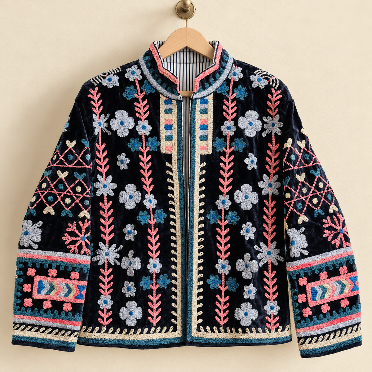 Embroidered Heart Velvet Jacket Royal Blue Short Coat Women Cute Boho Winter Wear Handcrafted Striped Cuff Outerwear Gift For Her