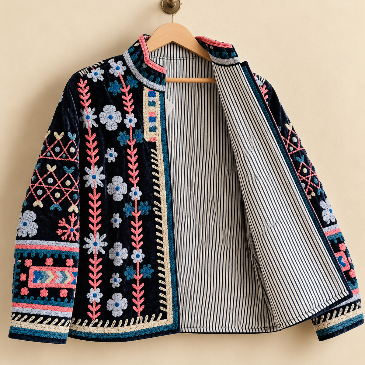 Embroidered Heart Velvet Jacket Royal Blue Short Coat Women Cute Boho Winter Wear Handcrafted Striped Cuff Outerwear Gift For Her