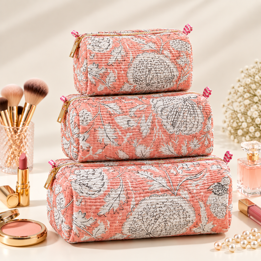 Set Of 3 Makeup Bag, Riva Floral Block Print Cotton Travel Case, Quilted Cosmetic Storage Bag Set