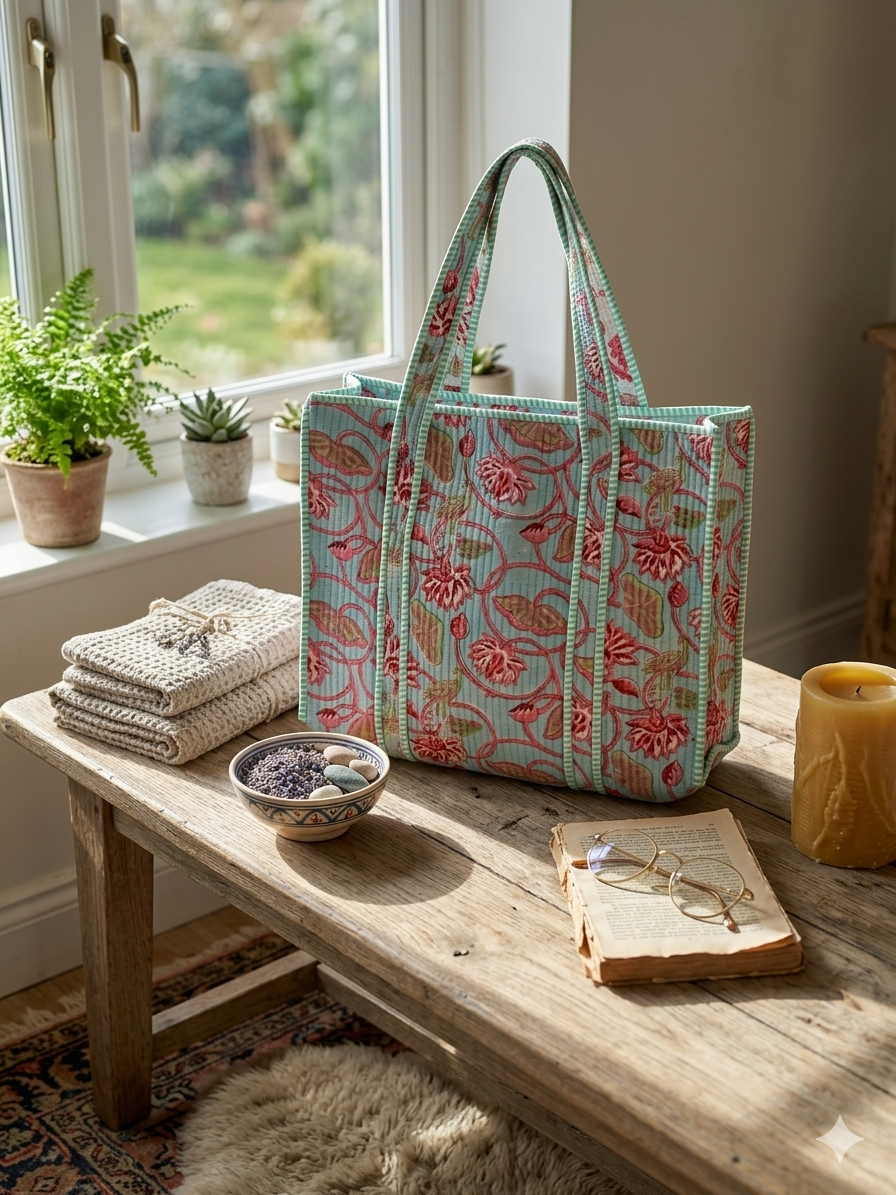 Handmade Blue Floral Block Print Quilted Cotton Tote Bag, Indian Boho Shoulder Bag, Botanical Travel Shopping Beach Bag
