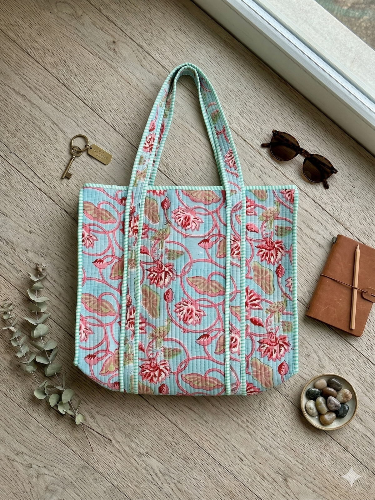 Handmade Blue Floral Block Print Quilted Cotton Tote Bag, Indian Boho Shoulder Bag, Botanical Travel Shopping Beach Bag