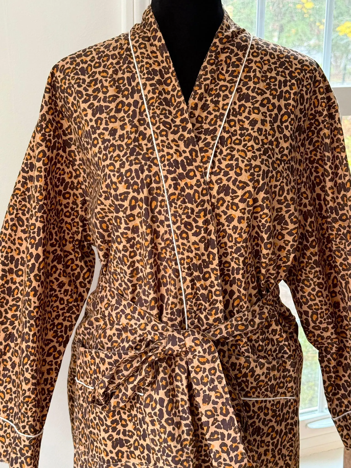 Block Print Cotton Animal Print Bathrobe | Brown & Tan Leopard Spot Kimono Lounge Dress | Casual Sleepwear & Resort Wear