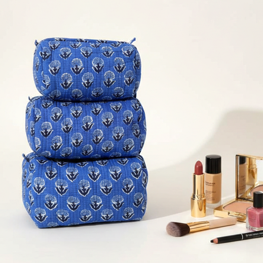 Set Of 3 Makeup Bag, Neel Heritage Indigo Block Print Cotton Travel Case, Quilted Cosmetic Storage Bag Set