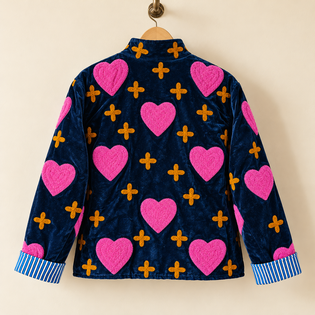 Embroidered Heart Velvet Jacket Royal Blue Short Coat Women Cute Boho Winter Wear Handcrafted Striped Cuff Outerwear Gift For Her