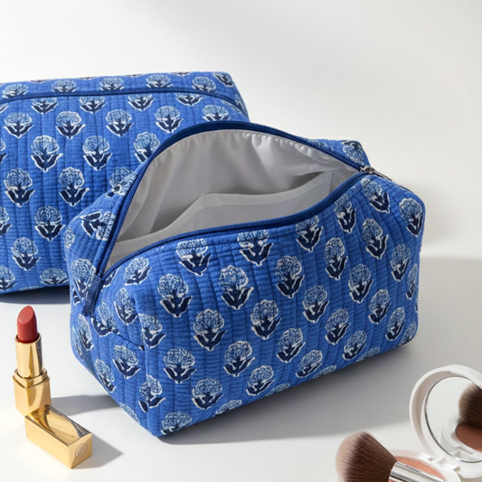 Set Of 3 Makeup Bag, Neel Heritage Indigo Block Print Cotton Travel Case, Quilted Cosmetic Storage Bag Set