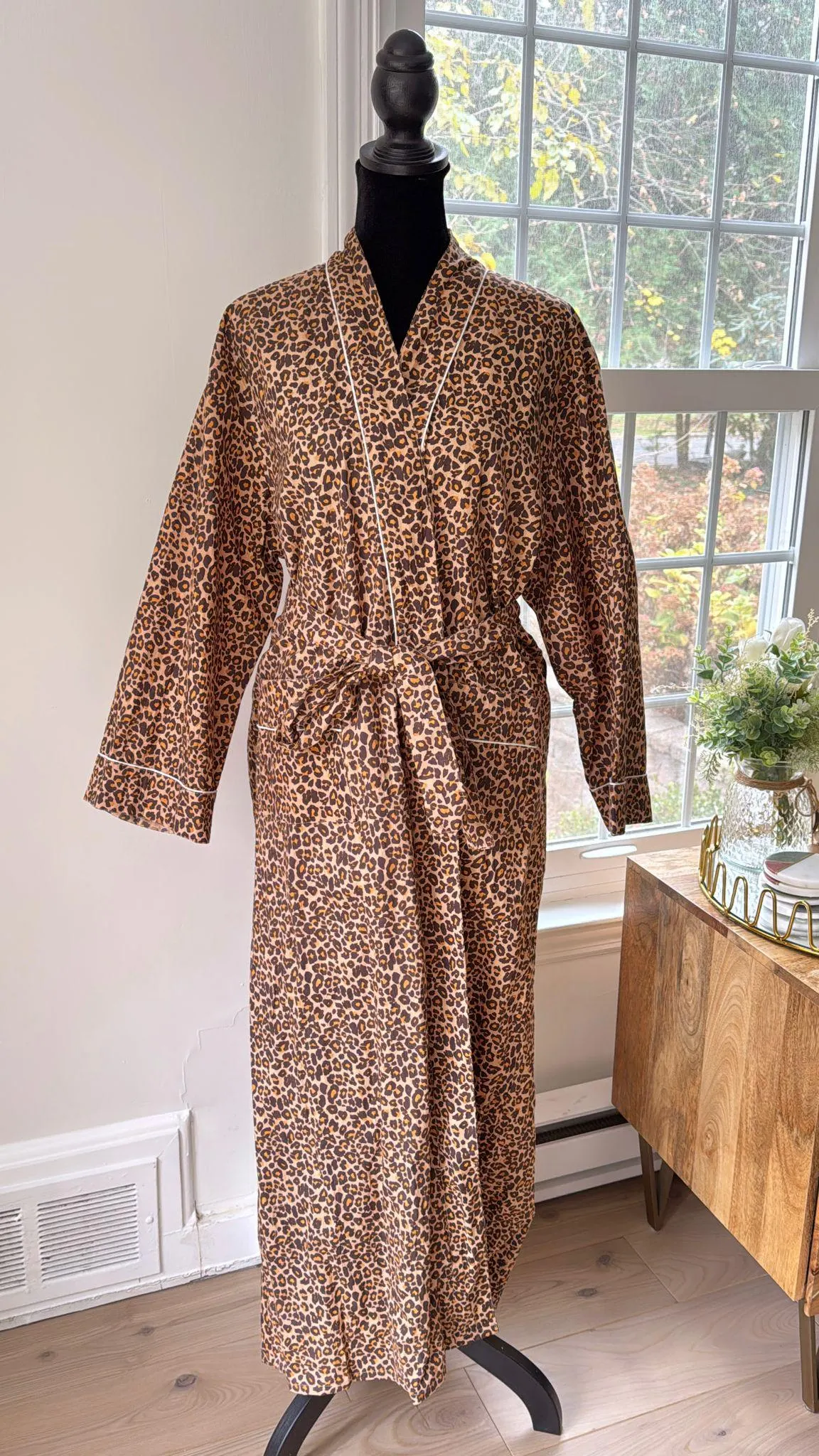 Block Print Cotton Animal Print Bathrobe | Brown & Tan Leopard Spot Kimono Lounge Dress | Casual Sleepwear & Resort Wear