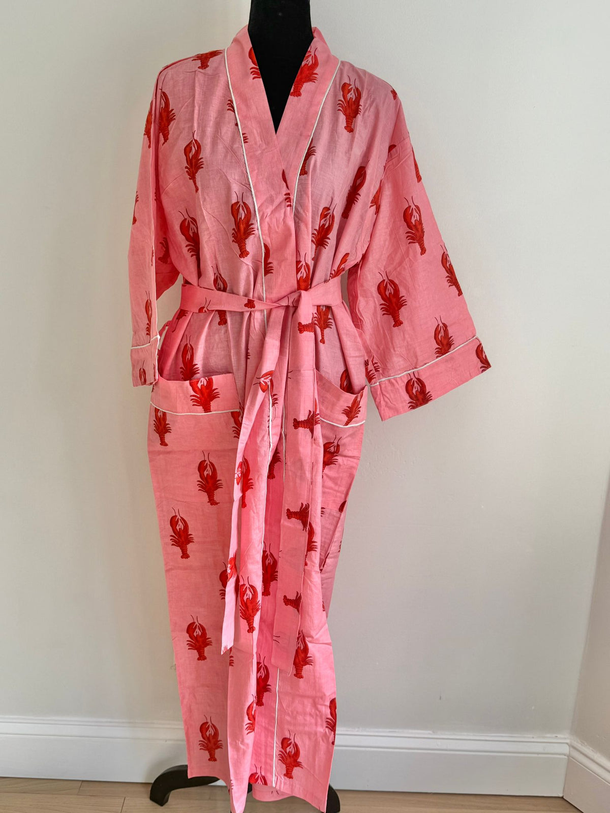Cotton Block Print Novelty Loungewear | Pink & Red Lobster Motif Kimono Dress | Coastal Chic Sleepwear