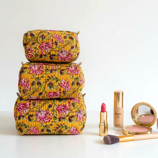 Set Of 3 Makeup Bag, Haldi Blossom Block Print Cotton Travel Case, Quilted Cosmetic Storage Bag Set