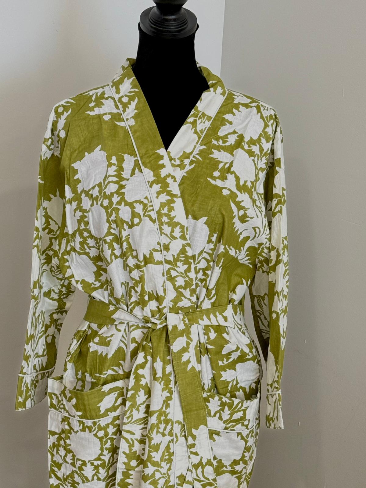 Botanical Handblock Cotton Wrap Dress | Sage Green & White Leaf Motif Kimono Bathrobe | Eco-Friendly Sleep & Spa Wear