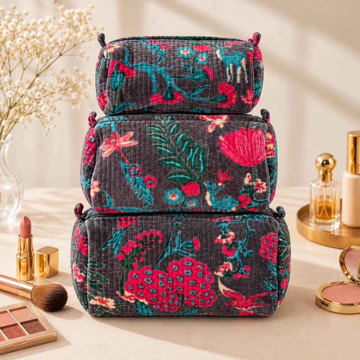 Set Of 3 Makeup Bag, Forest Green Velvet Floral Travel Pouch, Quilted Soft Cosmetic Toiletry Wash Organizer (Copy) (Copy)