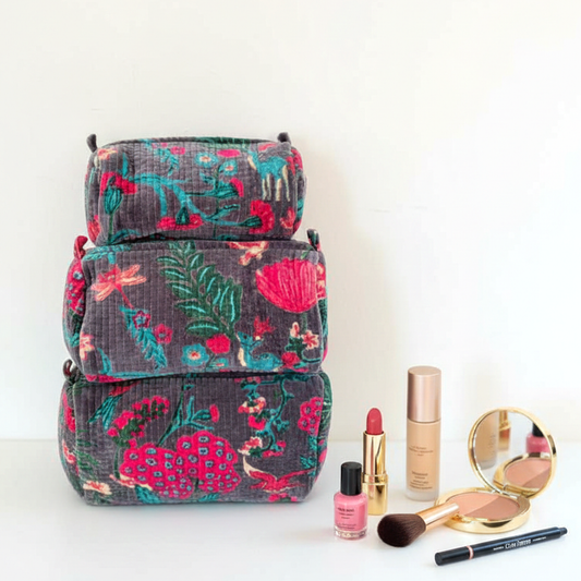 Set Of 3 Makeup Bag, Charcoal Grey Velvet Floral Travel Pouch, Quilted Soft Cosmetic Toiletry Wash Organizer