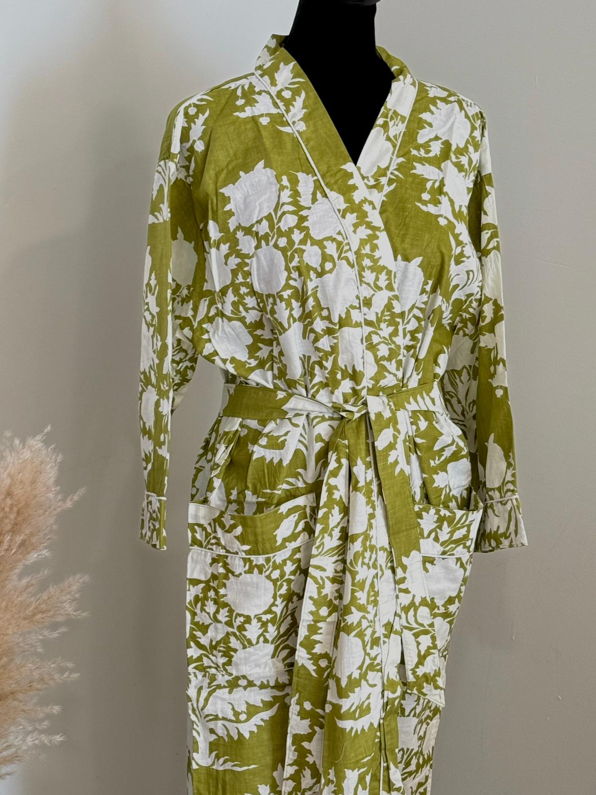 Botanical Handblock Cotton Wrap Dress | Sage Green & White Leaf Motif Kimono Bathrobe | Eco-Friendly Sleep & Spa Wear