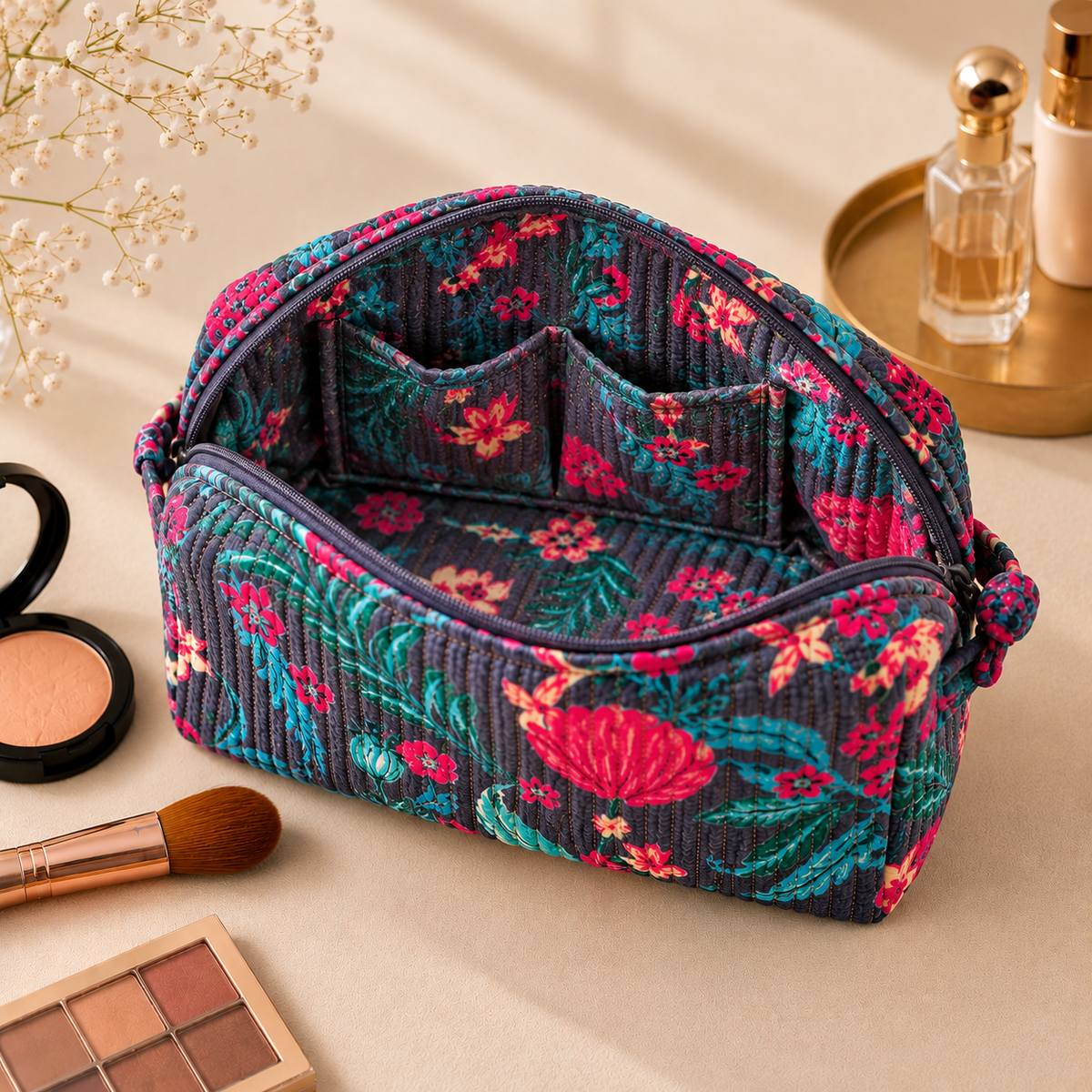 Set Of 3 Makeup Bag, Forest Green Velvet Floral Travel Pouch, Quilted Soft Cosmetic Toiletry Wash Organizer (Copy) (Copy)