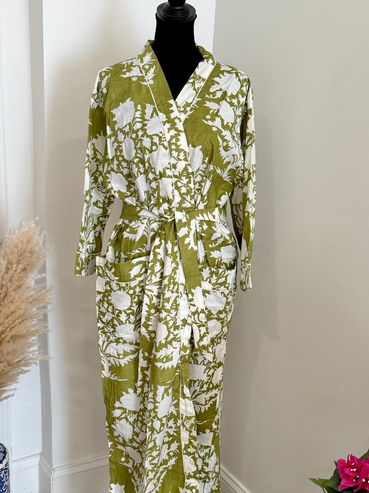 Botanical Handblock Cotton Wrap Dress | Sage Green & White Leaf Motif Kimono Bathrobe | Eco-Friendly Sleep & Spa Wear