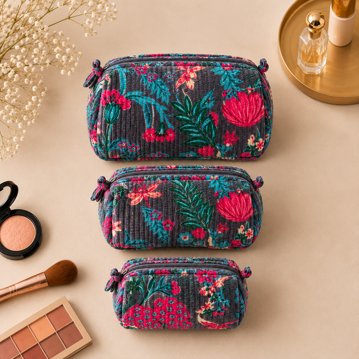 Set Of 3 Makeup Bag, Forest Green Velvet Floral Travel Pouch, Quilted Soft Cosmetic Toiletry Wash Organizer (Copy) (Copy)
