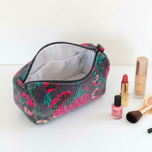 Set Of 3 Makeup Bag, Charcoal Grey Velvet Floral Travel Pouch, Quilted Soft Cosmetic Toiletry Wash Organizer