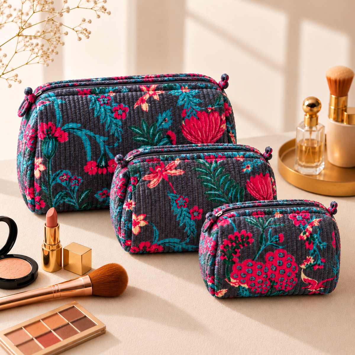Set Of 3 Makeup Bag, Forest Green Velvet Floral Travel Pouch, Quilted Soft Cosmetic Toiletry Wash Organizer (Copy) (Copy)