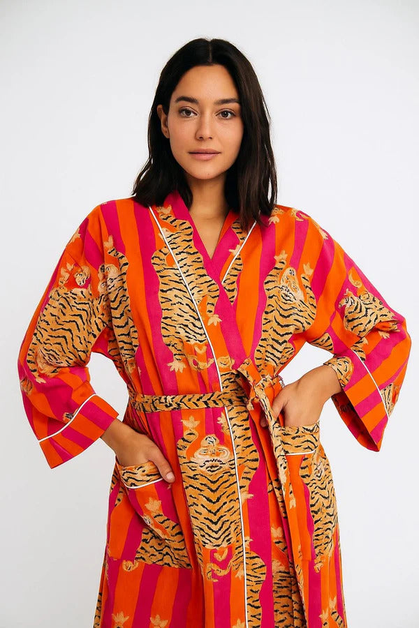 Sunset Orange & Magenta Striped Lounge Kimono | Tiger Motif Cotton Robe | Statement Sleepwear & Resort Wear