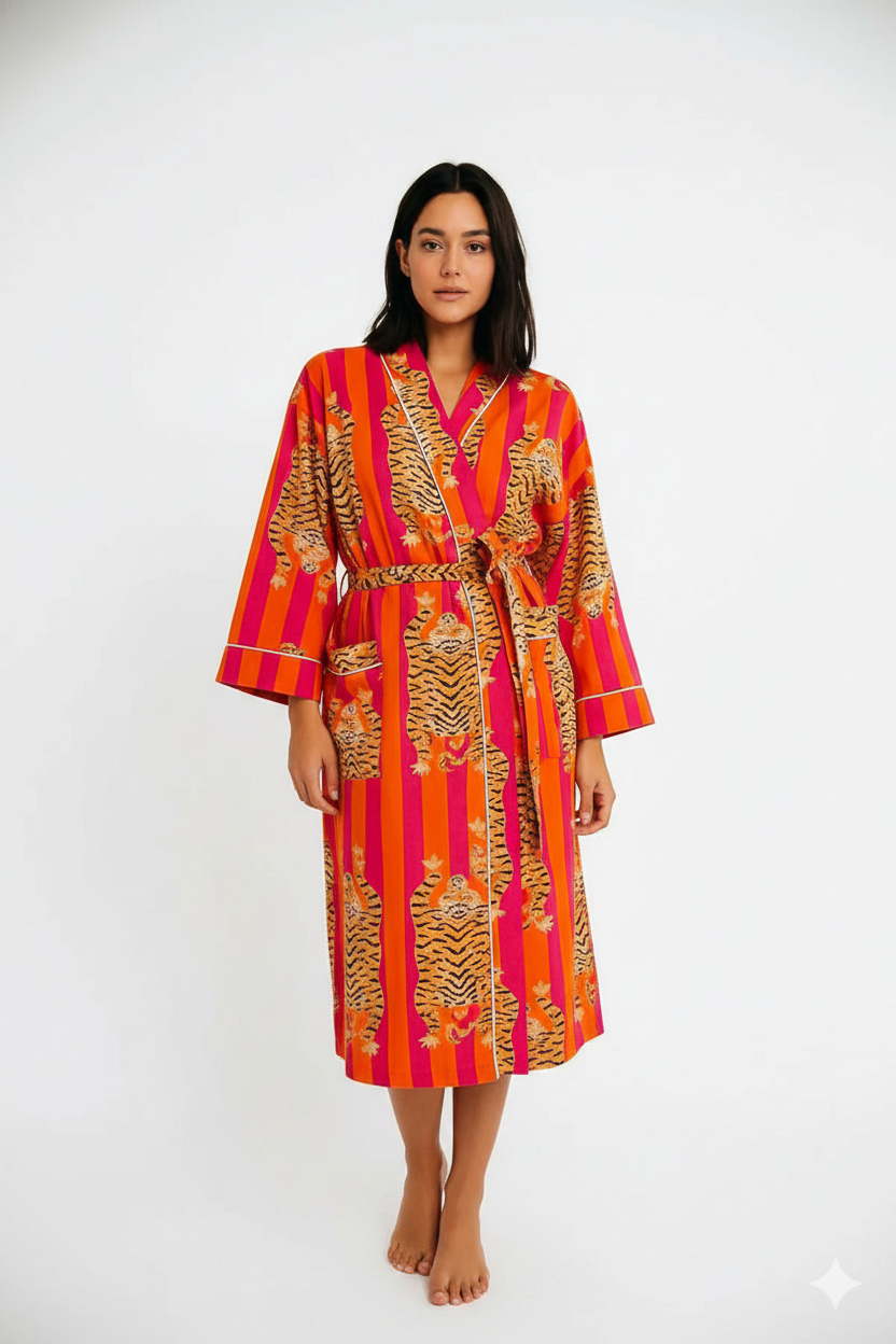 Sunset Orange & Magenta Striped Lounge Kimono | Tiger Motif Cotton Robe | Statement Sleepwear & Resort Wear