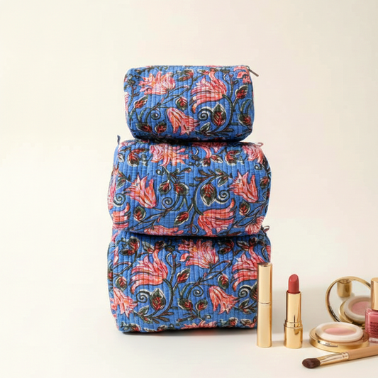 Set Of 3 Makeup Bag, Lotus Bagh Floral Block Print Cotton Travel Case, Quilted Cosmetic Storage Bag Set
