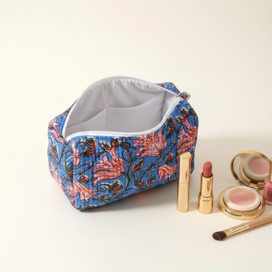 Set Of 3 Makeup Bag, Lotus Bagh Floral Block Print Cotton Travel Case, Quilted Cosmetic Storage Bag Set
