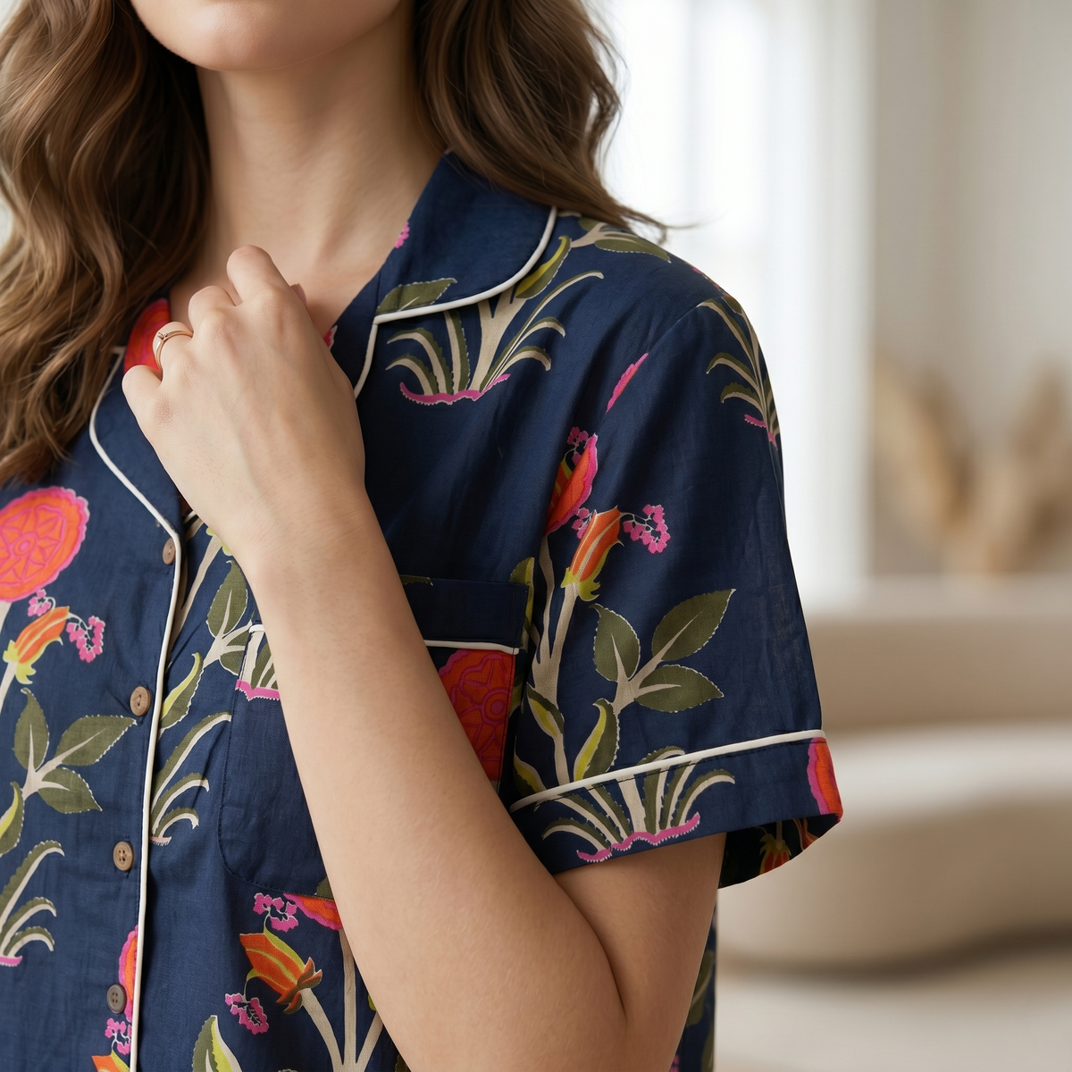 Navy Blue Coral & Orange Floral Block Print Cotton Shorts Set, Summer Sleepwear & Loungewear